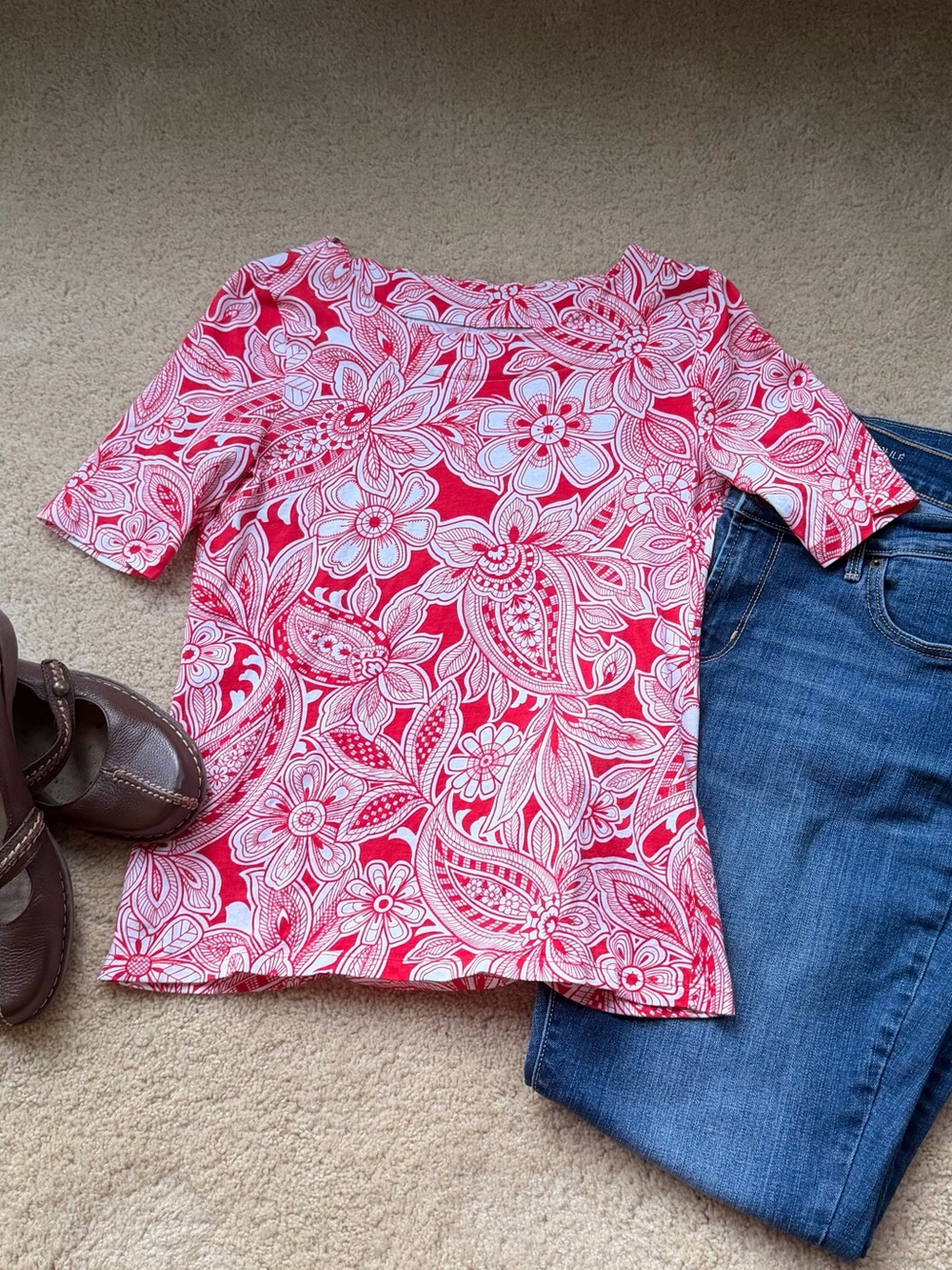 Talbots Red & White Floral Paisley T Shirt - Size XS Petite - VGUC